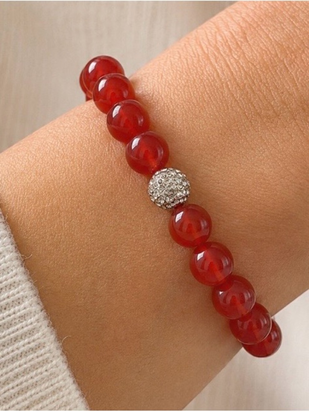 Cherry red quartz & sterling silver stretch bracelet w/ Pave bead & earrings